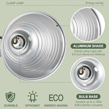 Macarrie 6 Pcs Adjustable Clamp Lamp Light with Aluminum Reflector Up to 150 Watt (No Bulb Included) E26 Socket SPT-2 18awg 6FT Cord (8.5 Inch) - size: 8.5 Inch