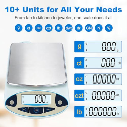 Lab Scale 5000g x 0.01g, High Precision Digital Analytical Balance | 0.01g accuracy, backlit LCD. Ideal for lab, jewelry, kitchen, research. Tare, calibration, stainless steel platform