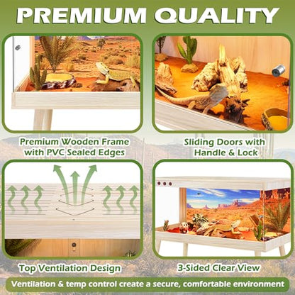 Royxen Bearded Dragon Tank,82 Gallon Reptile Tank with Leg Stand,Built-in Lighting Reptile Enclosure,Tempered Glass Bearded Dragon Encloure for Chameleon (Oak,48"x 20"x 20") - color: Oak, size: 82 Gallons,48"x20"x20"