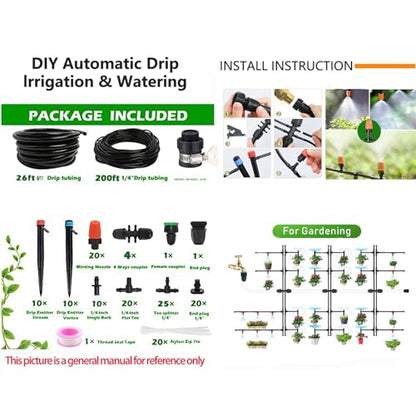 Automatic Drip Irrigation System Kit - 226FT with LCD Timer, 3 Sprayer Types Automatic Garden Watering System, 1/2 Inch Hose 1/4 Inch Distribution Tubing Garden Watering Solution for Outdoor Plants
