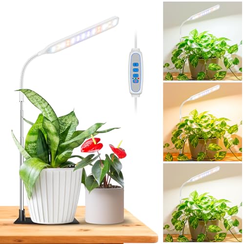 Small Grow Lights for Indoor Plants with Base, Full Spectrum | 52 Red/Blue/White LEDs, Gooseneck, 6.5-26in Height, Timer & Dimming, with Base or Stake, for Small Plants, White, 1 Pack - size: 1 Pack
