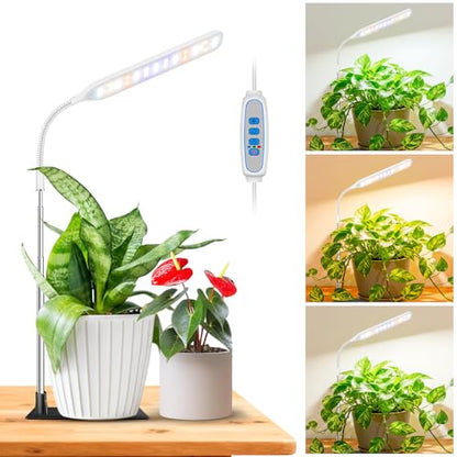 Small Grow Lights for Indoor Plants with Base, Full Spectrum | 52 Red/Blue/White LEDs, Gooseneck, 6.5-26in Height, Timer & Dimming, with Base or Stake, for Small Plants, White, 1 Pack - size: 1 Pack