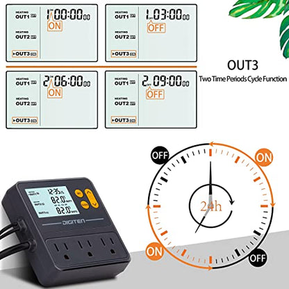 DIGITEN Day-Night Reptile Temperature Controller with Timer | 3-Stage Thermostat Outlet, Cooling & Heating Mode for Terrarium, Ball Python, Bearded Dragon, Heat Mat,Mushroom, Fermentation