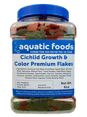 Cichlid Growth & Color Enhancing Flakes for Cichlids, Discus, All Tropicals. Aquatic Foods Premiun Flakes…6oz Med Jar - size: 6 Ounce (Pack of 1)