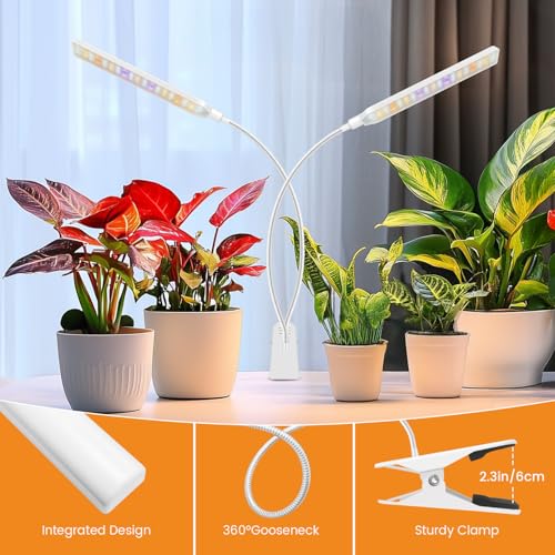 Kullsinss Clip-on Grow Lights for Indoor Plants, 114 LEDs 15W Plant Light | White 2-Gooseneck Plant Lamp for Seedlings, Full Spectrum Growing Lamp with Red/Blue/Yellow/White LEDs, Timer & Dimmable - size: 2 Heads-White