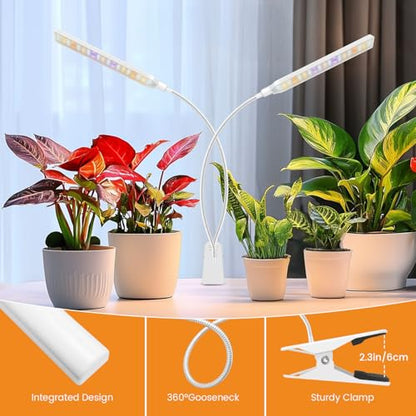 Kullsinss Clip-on Grow Lights for Indoor Plants, 114 LEDs 15W Plant Light | White 2-Gooseneck Plant Lamp for Seedlings, Full Spectrum Growing Lamp with Red/Blue/Yellow/White LEDs, Timer & Dimmable - size: 2 Heads-White