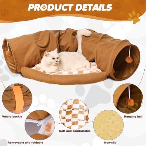 Spardar 2-in-1 Bunny Tunnel Bed, with Removable Mat Hideout, Khaki | Collapsible Tunnel Tubes Toys, Washable, Interactive Toys for Rabbits, Chinchilla, Hedgehog, Guinea, Kitty - color: Khaki