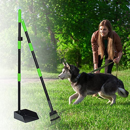 Pooper Scooper for Dogs, Metal Poop Scooper Tray and Rake Set with Adjustable Long Handle, Dog Pooper Scooper for Pet Waste Removal - color: Black & Green