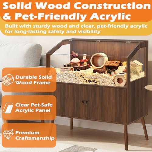 PROLEE Hamster Cage with Storage Cabinet,Large Hamster Encloure Chew Proof Wood,Clear View Hamster Habitat for Guinea Pig, Ferret, Rat, Hedgehog，47“ X 40” X 20“ (Walnut) - color: Walnut