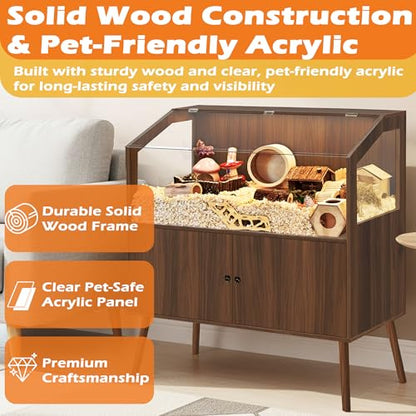 PROLEE Hamster Cage with Storage Cabinet,Large Hamster Encloure Chew Proof Wood,Clear View Hamster Habitat for Guinea Pig, Ferret, Rat, Hedgehog，47“ X 40” X 20“ (Walnut) - color: Walnut