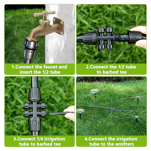 102FT Drip Irrigation System Kit, New Quick-Connect, Automatic Garden Watering Misting System for Greenhouse, Yard, Lawn, Plant with 1/2 inch Hose 1/4 inch Distribution Tubing and Accessories - size: 23FT 1/2''Main tube+79FT 1/4'' tube