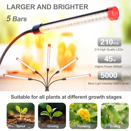 FECiDA Gamechanger! 45 Watt Power Draw, NO Need Adapter, 5Head Grow Light with Tripod Stand, 2026 Big Coverage LED Grow Lights for Indoor Tall Plants, Bonsai Tree, 4/8/12/16/20H Timer - size: Stand-5Head-45W