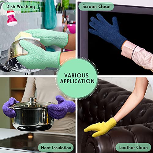 Patelai 4 Pairs Microfiber Plant Dusting Gloves Reusable Leaf Dust Cleaning Glove Mittens for Plants House Cleaning Car Blinds(Green, Dark Blue, Yellow, Purple)
