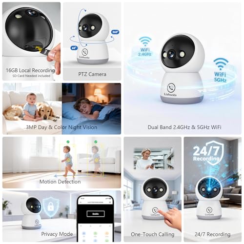 3MP WiFi Indoor Pet Security Camera | 360° Pan Tilt, 16GB Local Storage, Plug-In Wired Power | Color Night Vision, Motion Detection for Baby, Pets, Home