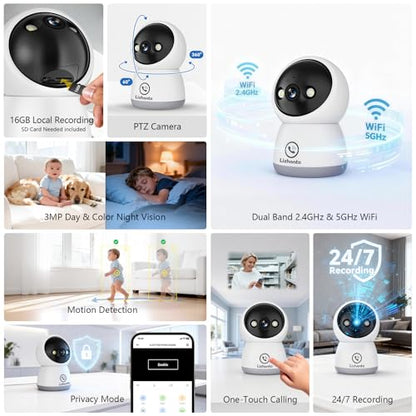 3MP WiFi Indoor Pet Security Camera | 360° Pan Tilt, 16GB Local Storage, Plug-In Wired Power | Color Night Vision, Motion Detection for Baby, Pets, Home