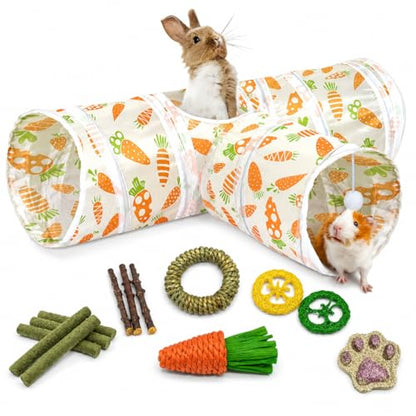 Rabbit Tunnel Toy, Collapsible 3-Way Hideout Tunnel with Chew Toys for Rabbits, Guinea Pigs, Ferrets, Kittens & Small Pets - Orange & White Carrot Design (33"x20"x9.5") - color: Orange