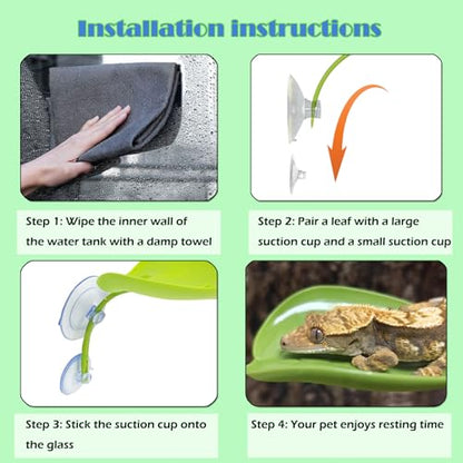 KABASI 3 Pack Plastic Leaf Platform with 6pcs Suction Cups for Reptile Frog | Leaf-Shaped Reptile Basking Resting Spot Habitat Decorations, Tree Frog Tank Accessories for African Dwarf Amphibian, Green