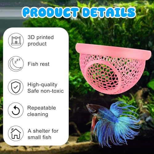 Pink Floating Betta Hide & Shrimp Cave – 3D Printed Aquarium Hammock, Feeding Ring & Resting Spot for Betta Fish, Shrimp & Small Fish (Eco-Safe PLA) - color: Pink