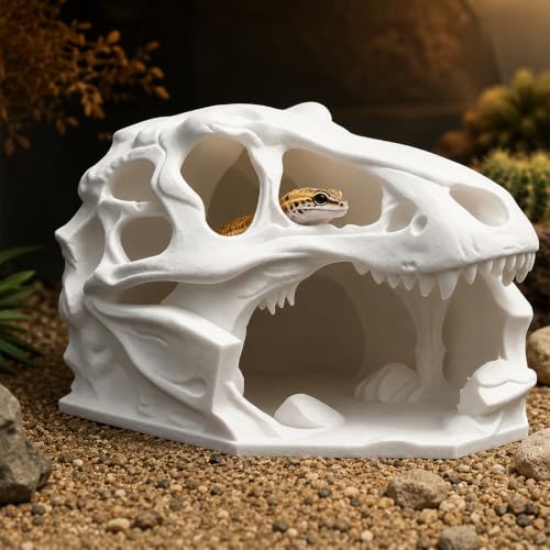 3D Printed Reptile Hide Skull Cave, T Rex Head Terrarium Decor for Leopard Gecko Juvenile Corn Snake Lizard Habitat, White Accent for Small Pets, 3.94 in