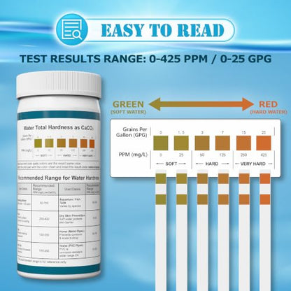 Water Hardness Test Kit & Hard Water Test Strips for Softener | Double Check Strips, Hardness Tester for Home, Drinking, Aquarium, Pool, Well, Tap and All Water Sources, 0-425 ppm/0-25 gpg