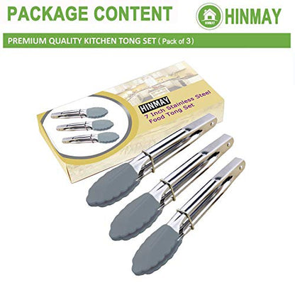 HINMAY 7 Inch Silicone Utility Tong Kitchen Tongs, Set of 3 (Gray) | 7 Inch Metal Salad Tongs - color: Gray