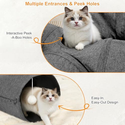 Ownpets 12" Large Cat Tunnel 3-Way U-Shape Oxford Fabric for Large Cat | Silent oxford fabric no noise, expandable 3-channel design, with plush ball ,feather wand, peek hole, for multi-cat household - size: 12 Inches in Diameter