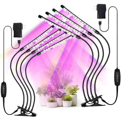 LED Grow Lights for Indoor Plants 2-Pack, Full Spectrum & Red Blue Spectrum Plant Growing Lamps with 3/9/12H Timer, 10 Brightness Levels, Clip-on Desk Plant Lights for Seedlings, Succulents, Flowers - size: 4 heads 2 pack
