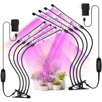 LED Grow Lights for Indoor Plants 2-Pack, Full Spectrum & Red Blue Spectrum Plant Growing Lamps with 3/9/12H Timer, 10 Brightness Levels, Clip-on Desk Plant Lights for Seedlings, Succulents, Flowers - size: 4 heads 2 pack