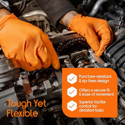 Inspire Heavy Duty Orange Nitrile Gloves | ULTRA 8 Mil Diamond Textured Grip | Industrial Mechanic Disposable Cleaning Gloves - size: Large