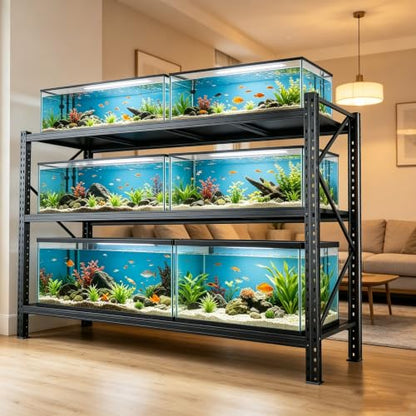 Aquarium Stand Fish Tank Stand 1600LBS Metal Shelving Adjustable Heavy Duty Storage Shelves Display Shelves Utility Shelf for Turtle Tank, Reptile Terrarium, 63" H×67" W×20" D, Black(Tank not Included) - size: 63"H × 67"W × 20"D