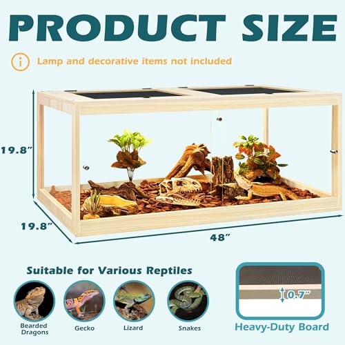 82 Gallon Bearded Dragon Tank, 48 x 20 x 20 Inch Tempered Glass Reptile Enclosure with Metal Mesh Top, Lockable Sliding Front Doors, Large Lizard and Snake Terrarium, Oak - color: Oak, size: 82 Gallon (48x19.5x19.5 Inch)