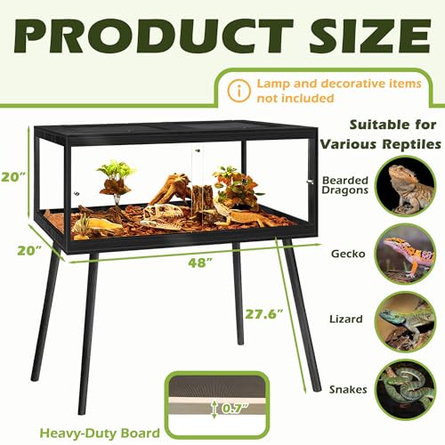 Bearded Dragon Tank with Legs Stand 81 Gallons, Acrylic Panel Lizard Tank, Reptile Tank with Metal Mesh Roof Door (Black, 48"x20"x20") - color: Black, size: 48"x20"x20"