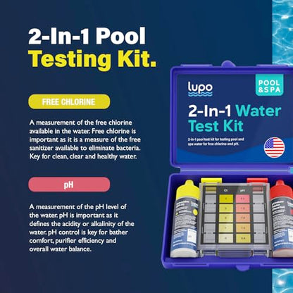 LUPO 2-In-1 Pool Test Kit | Pool Testing Kit For Residential Swimming Pools & Spas For Testing Free Chlorine & pH | Pool Chemical Test For Quick & Accurate At-Home Pool Water Testing