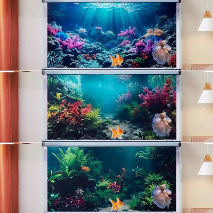 3 Pack Aquarium Background, 36x18 inch Polyester Aquarium Background | Cloth Fish Tank Background, Undersea Corals Sunshines & Rock Aquatic Plants, Backgrounds for Fish Tank - size: 36x18 Inch