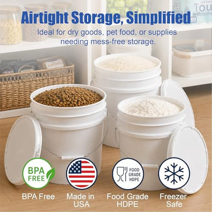 3.5 Gallon Bucket, Food Grade w/Lid BPA-Free, 6 Pack/White | Airtight Gasketed Tear Strip Lid, Heavy-Duty 90 Mil HDPE Plastic Pail, Bulk Storage, Food Safe Durable Container, Made in USA - size: 6 Packs