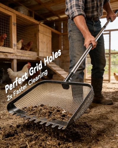 12" Chicken Poop Scooper, Stainless Steel Handle (36–62") | Light weight chicken coop scoop, Litter Scooper & Sand Sifting Shovel for chicken sand, Pet Waste Cleaning