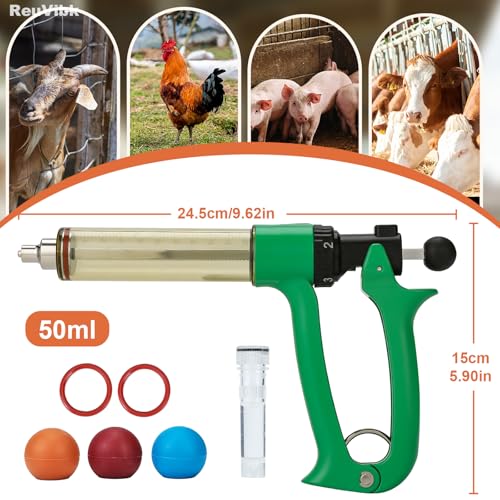 50ml Semi-Auto Repeating Livestock Syringe Gun, 5 Dose Settings | Ergonomic Grip, Clear Barrel & Luer Lock, Vet Injector for Cattle, Horses, Goats, Sheep & Pigs - color: Green50ML