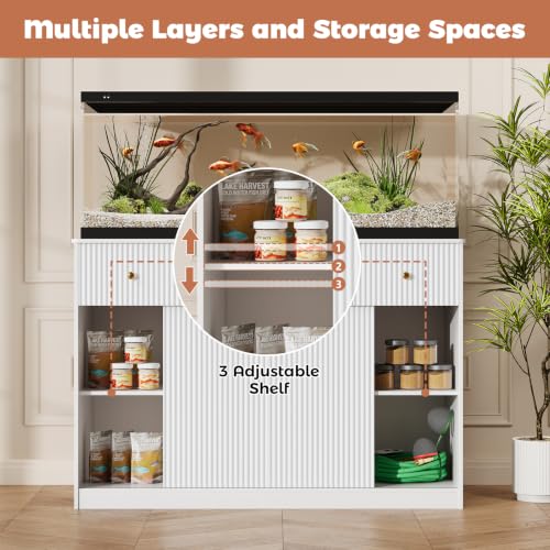 Garvee 55-75 Gallon Fish Tank Stand, Aquarium Stand with Power Outlet, Fish Tank Stand with Storage Cabinets, Drawers, LED Light, Sliding Barn Door Fish & Reptile Tanks Stand for 2 Tanks | Fish Tank Stand with Storage Cabinets, Drawers, LED Light, Sliding
