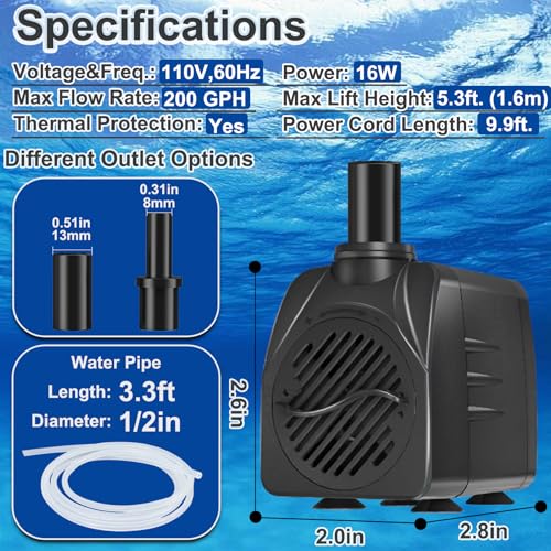 SongLong 200GPH(750L/H) 9.9ft Power Cord Submersible Pump, Water Fountain Pump with 5.3ft Lift for Ponds, Water Fountains, Aquariums & Hydroponics.
