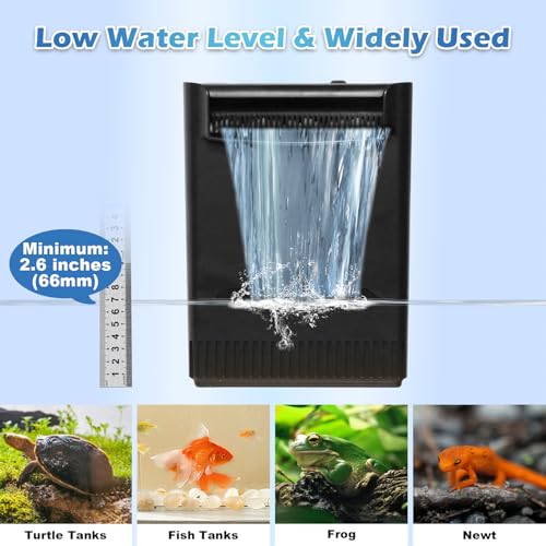 290GPH Turtle Tank Filter Aquarium Filter for 20-85 Gallon, Turtle Filter Low Water Level Available and Flow Adjustable, Turtle Water Filter for Shrimps Amphibians Turtle Tank Saltwater Freshwater | Minimum water level required: 2.6 inches Power Adjustabl