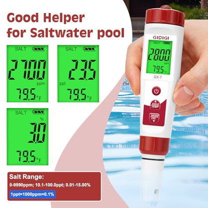 pH Meter Chlorine Tester Digital 7 in 1 Pool Water Tester Kit | Salinity Tester for Saltwater Aquarium, ORP Meter for Hydroponics Drinking Water, Pool Water Tester,pH Chlorine for Pool Spa