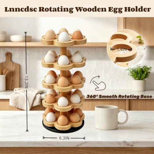 360° Rotating Wooden Egg Holder for 30 Eggs (Wood) | petal-shaped tray, 5 tiers, 6 egg slots per layer, solid wood, farmhouse countertop organizer, for kitchen and Easter display - color: Wood