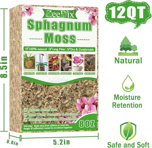 8 oz Sphagnum Moss for Indoor Plants, Natural Orchid Potting Mix for Repotting, Dried Long Fiber Sphagnum Peat Moss for Carnivorous Plants Succulents Reptile Habitats (Expands to 12 qt) - size: 8 ounces