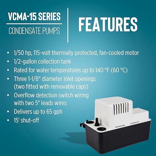 Little Giant VCMA-15ULS 115 Volt, 65 GPH, 1/50 HP Automatic Condensate Removal Pump for HVAC/Refrigeration Systems/Dehumidifiers with Overflow Detection Switch and 6-Foot Cord, White/Black, 554405 - style: Includes Overflow Detection Switch