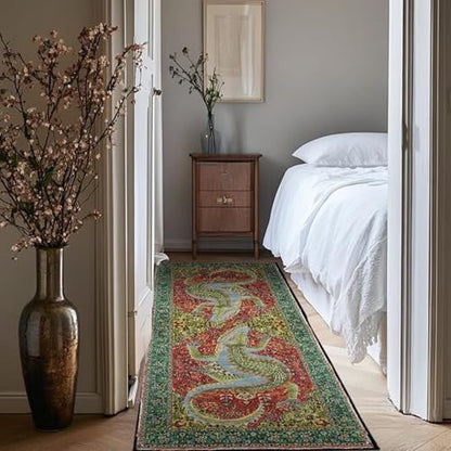 Green Crocodile Area Rugs 2ftx8ft for Dining Room Funky Crocodile Inspired Animal Print Rug for Bathroom Laundry Room Washable Non-Slip Boho Crocodile Carpet - size: 2'x8'/60*245cm/97"x24"(Rectangular)