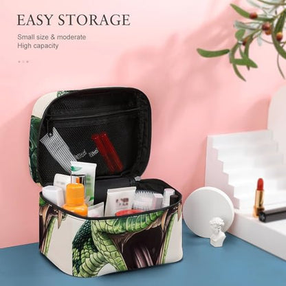 Green Snake Makeup Bag Cosmetic Case Organizer Box | portable handle,divider for skincare and brushes,large capacity,PU leather