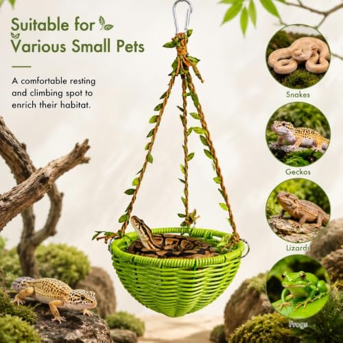 Snake Hammock Hanging Rattan Swing, Snake Tank Accessories, Woven Vine Basket Perch for Terrarium, Reptile Hammock Climbing Rest Platform for Small Snakes, Geckos, Lizards and Amphibians