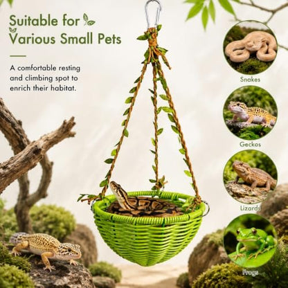 Snake Hammock Hanging Rattan Swing, Snake Tank Accessories, Woven Vine Basket Perch for Terrarium, Reptile Hammock Climbing Rest Platform for Small Snakes, Geckos, Lizards and Amphibians