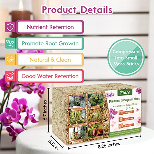 Riare 3.3LB Premium Sphagnum Moss for Plants- Natural Long Fiber Plant Moss | High Expansion, Moisture Retention & Drainage, Dried Orchid Moss for Succulent, Carnivorous, Ferns, Reptiles & Terrariums - size: 60QT/3.3lbs