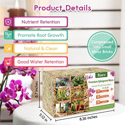Riare 3.3LB Premium Sphagnum Moss for Plants- Natural Long Fiber Plant Moss | High Expansion, Moisture Retention & Drainage, Dried Orchid Moss for Succulent, Carnivorous, Ferns, Reptiles & Terrariums - size: 60QT/3.3lbs